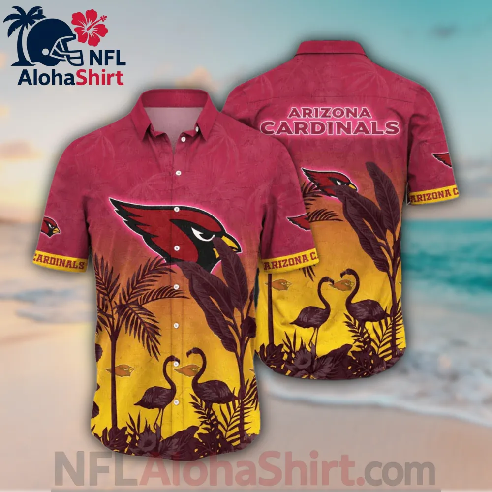 Arizona Cardinals Hawaiian shirt with red and yellow sunset background and flamingo silhouettes