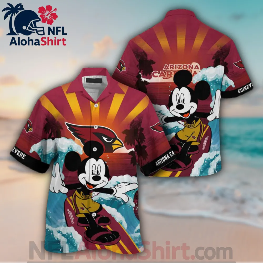 Arizona Cardinals surfing Hawaiian shirt with Mickey Mouse and sunset background