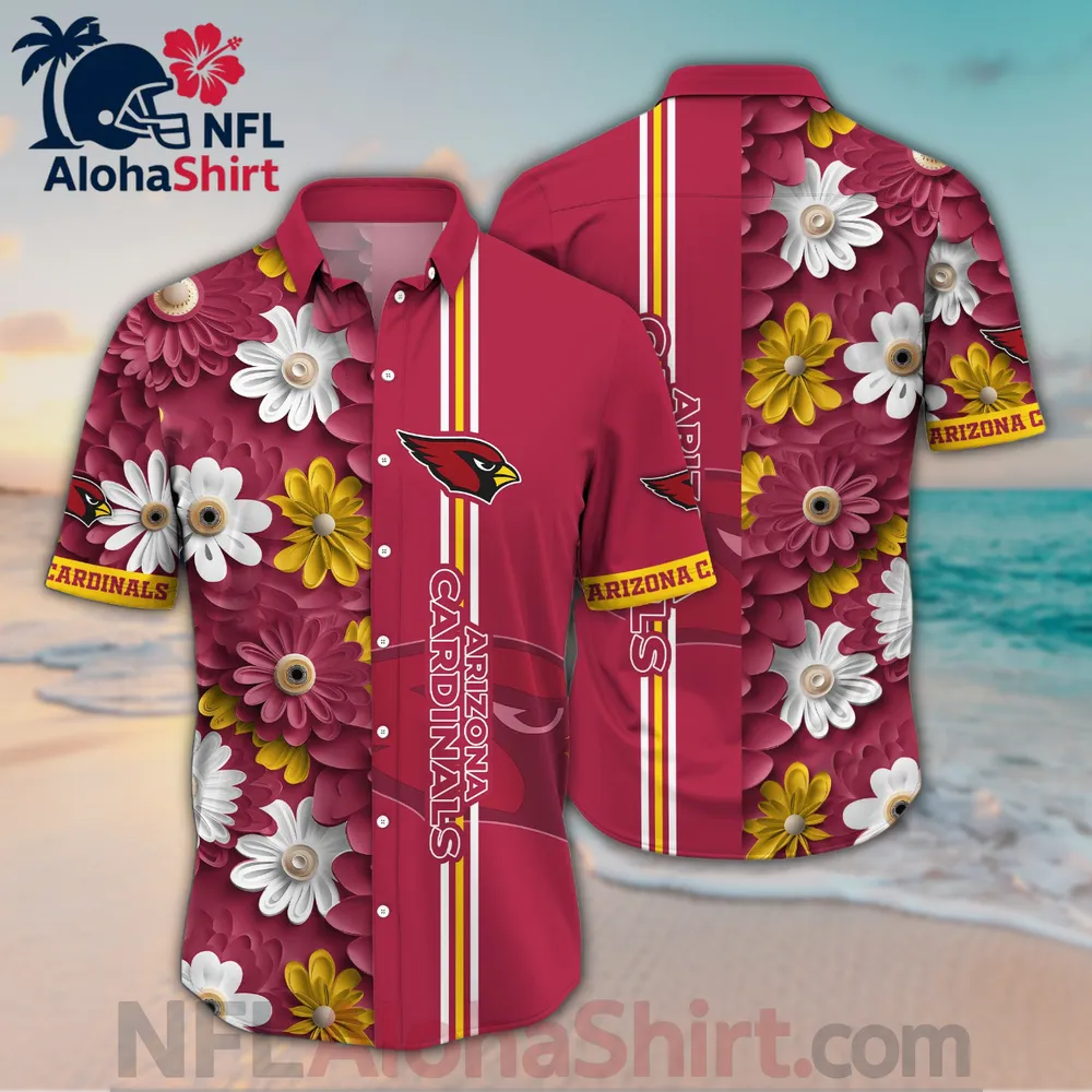 Arizona Cardinals Hawaiian shirt with red background, daisy floral pattern, and yellow stripe