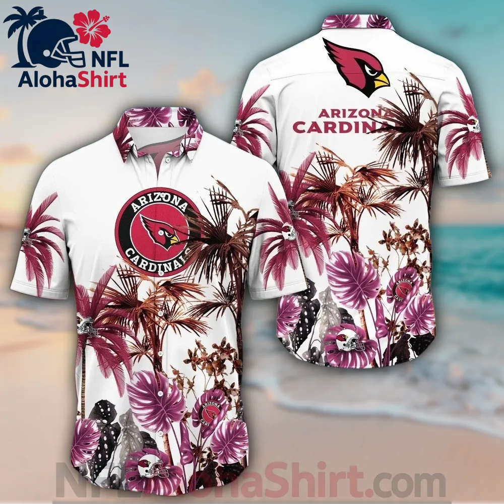 Arizona Cardinals Hawaiian shirt with white base, maroon tropical leaves, and football helmet accents