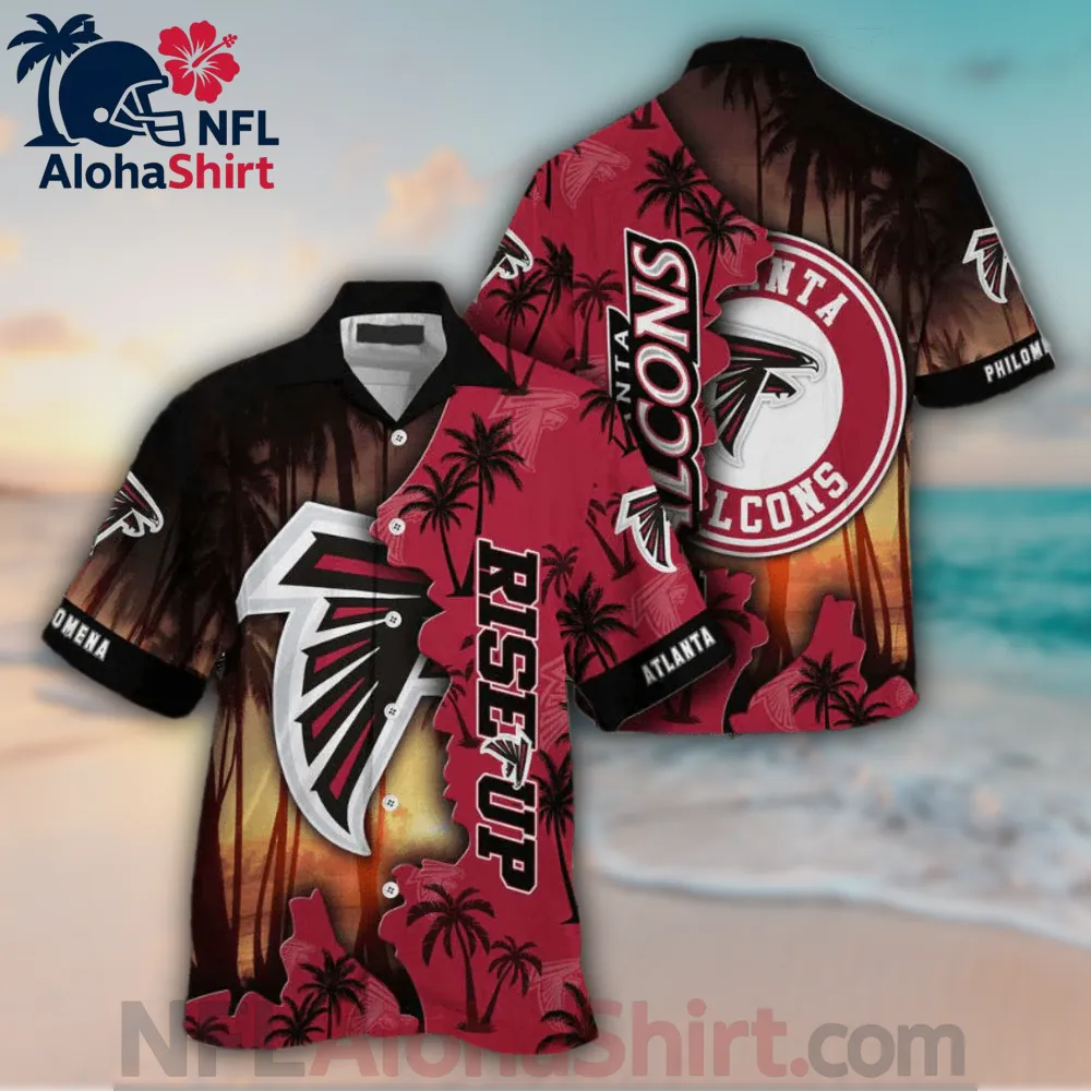 Atlanta Falcons red and black Hawaiian shirt with Rise Up slogan and palm trees