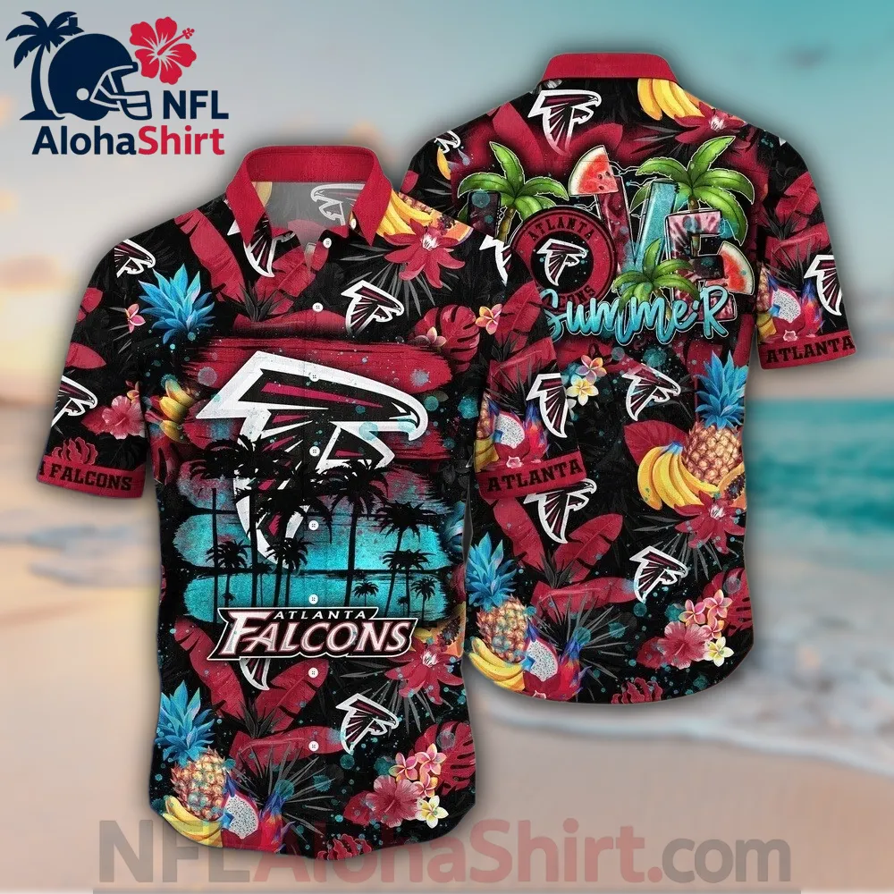 Atlanta Falcons red and black Hawaiian shirt with tropical fruit, palm trees, and “Love Summer” script