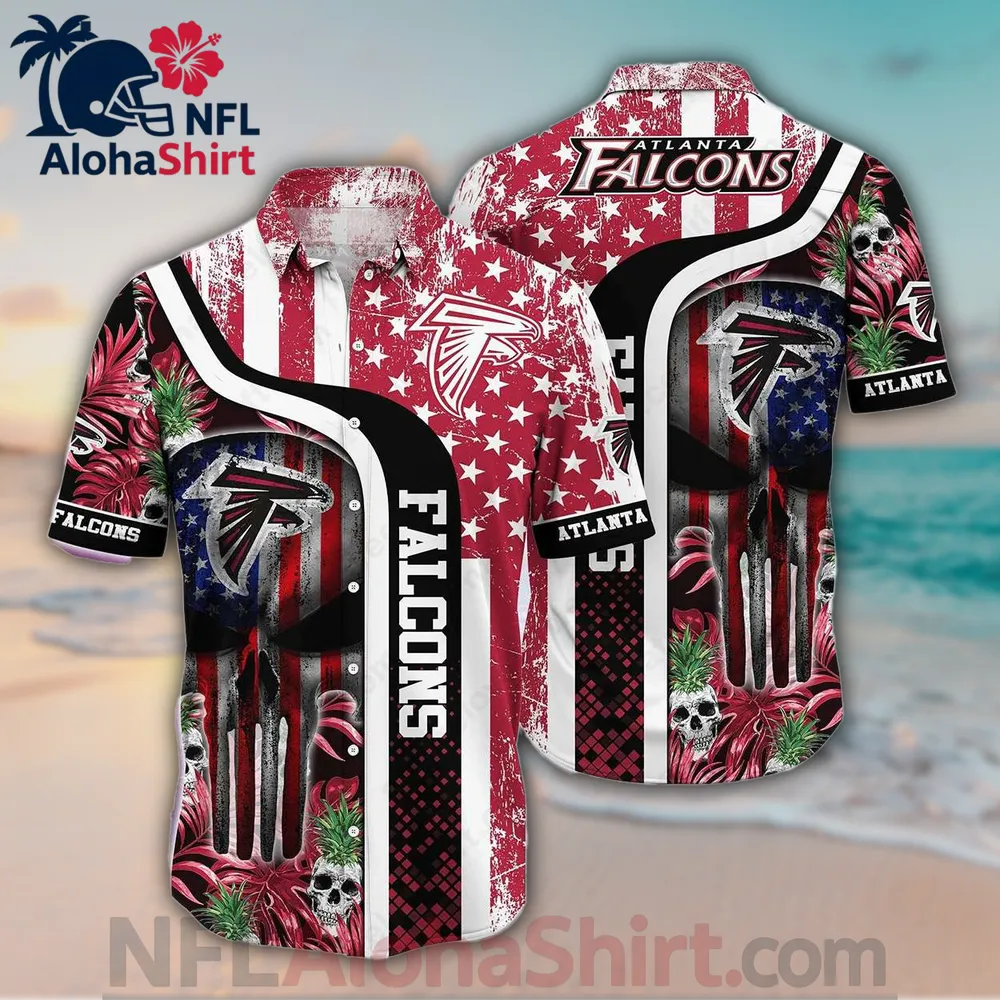 Atlanta Falcons red white skull-themed Hawaiian shirt with American flag design