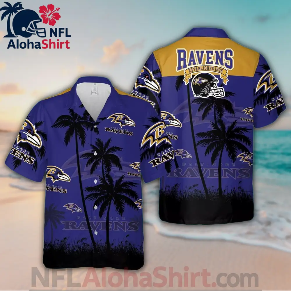 Baltimore Ravens Hawaiian Shirt with purple and black palm tree sunset design