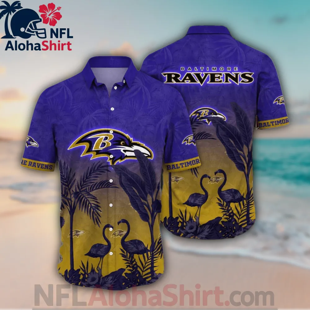 Baltimore Ravens Hawaiian Shirt with Flamingo Tropical Design in Purple and Gold