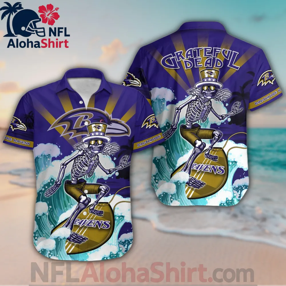 Baltimore Ravens Skeleton Surf Grateful Dead Hawaiian Shirt – Purple Gold Aloha Style
