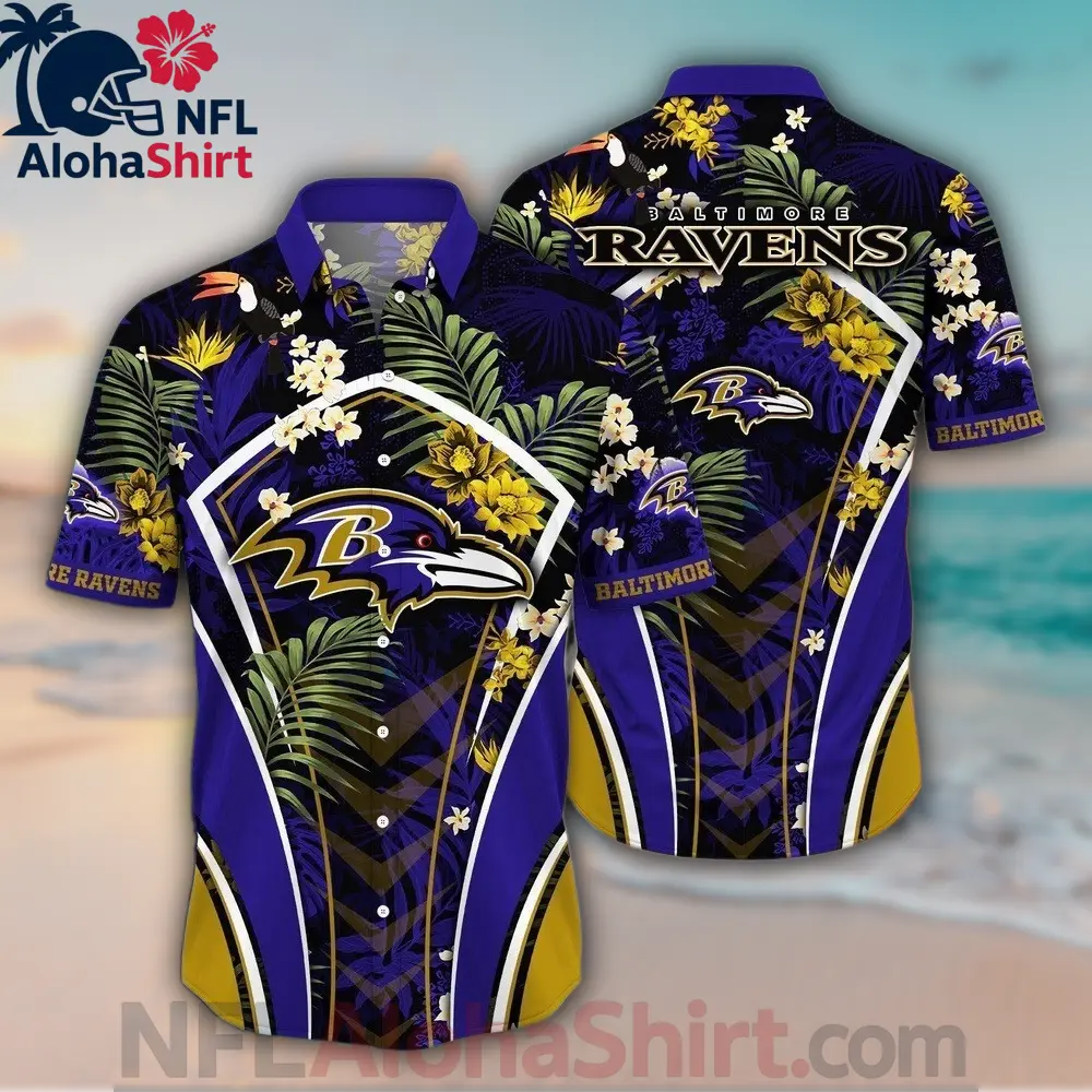 Baltimore Ravens Hawaiian Shirt in purple and gold with floral design and team logo
