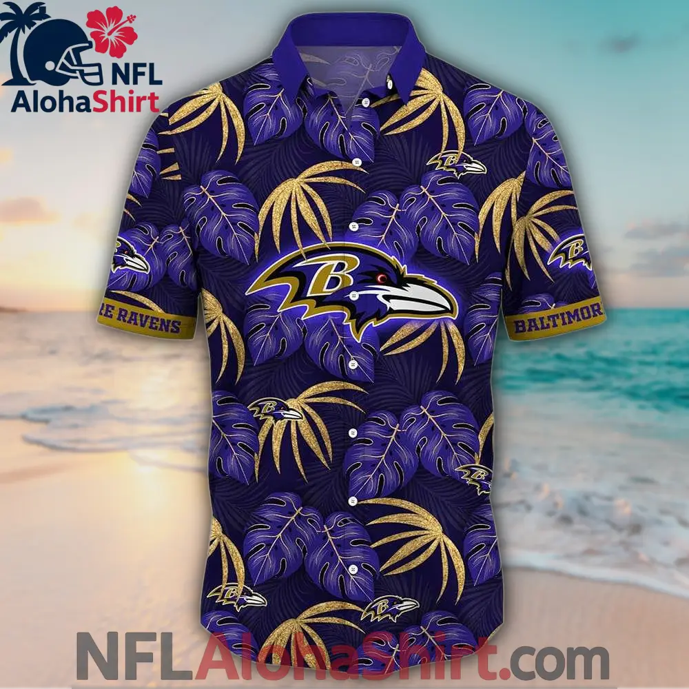 Baltimore Ravens Purple Gold Tropical Leaves Hawaiian Shirt for NFL fans