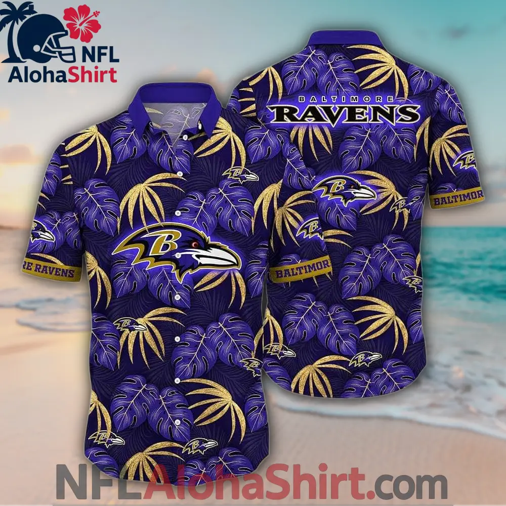 Baltimore Ravens Purple Gold Tropical Leaves Hawaiian Shirt for NFL fans