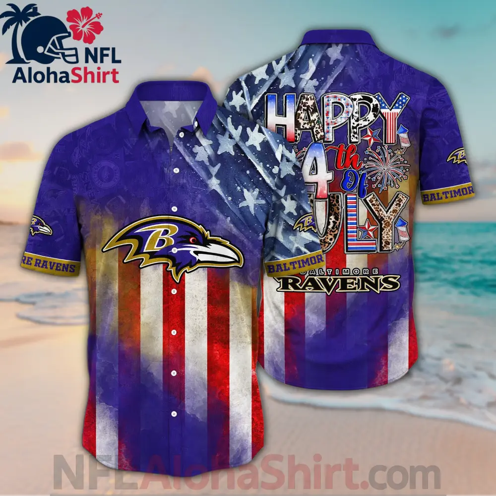 Baltimore Ravens Hawaiian Shirt with purple and red American flag design for 4th of July fanwear