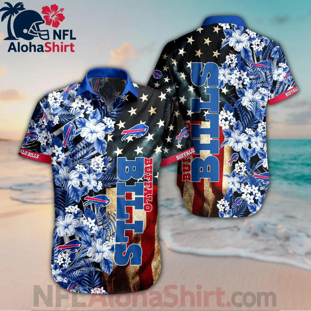 Buffalo Bills Hawaiian Shirt with American flag and floral pattern