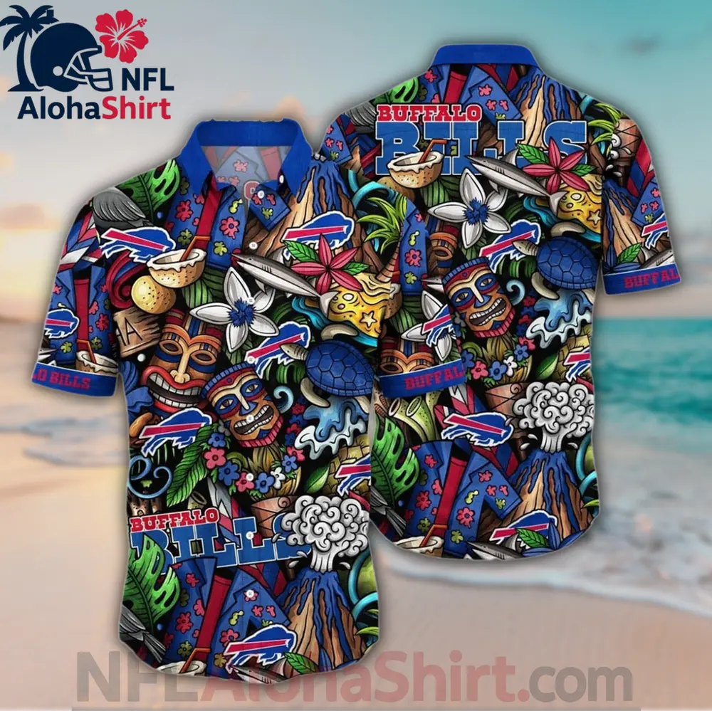 Buffalo Bills Hawaiian Shirt with red-blue tiki pattern and tribal NFL design