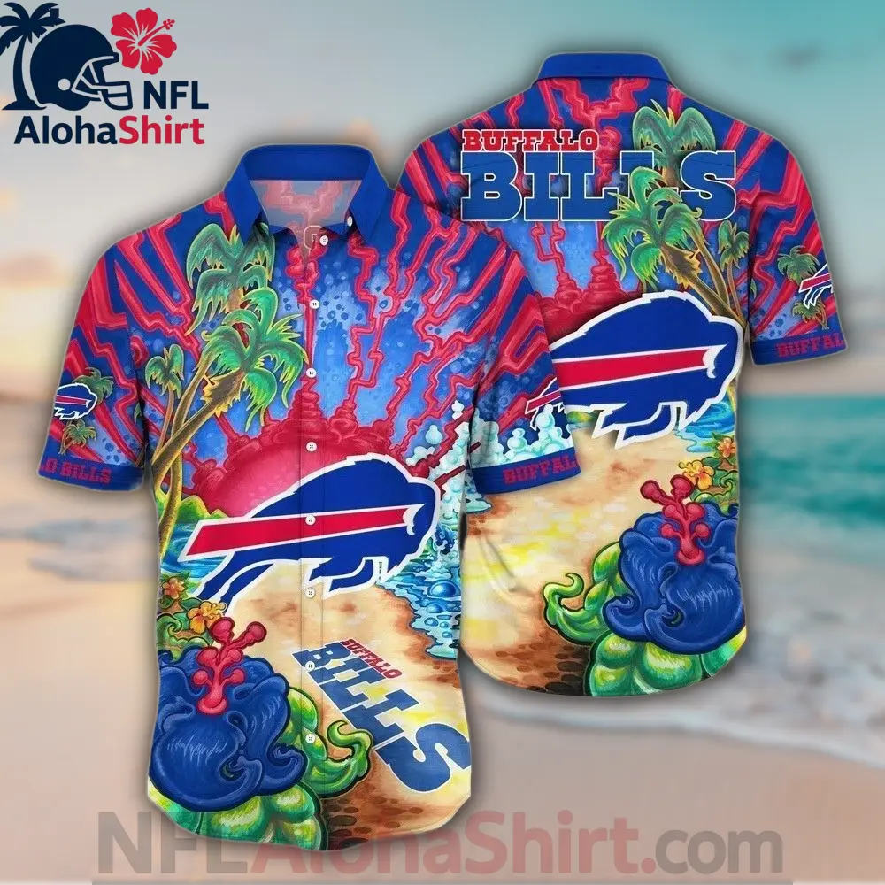 Buffalo Bills Hawaiian Shirt with red hibiscus floral design and team logos