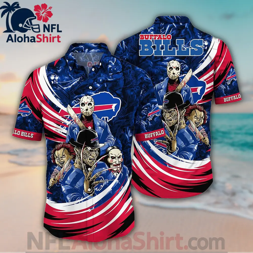 Buffalo Bills horror-themed Hawaiian Shirt with red and navy swirl design