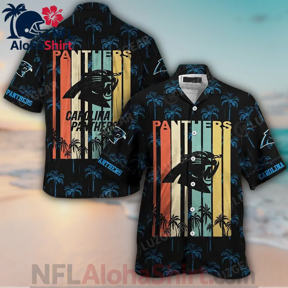 Carolina Panthers black Hawaiian shirt with sunset stripe and palm tree design