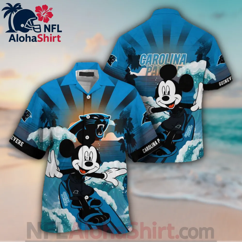 Carolina Panthers blue and black surfing-themed Hawaiian shirt with cartoon character