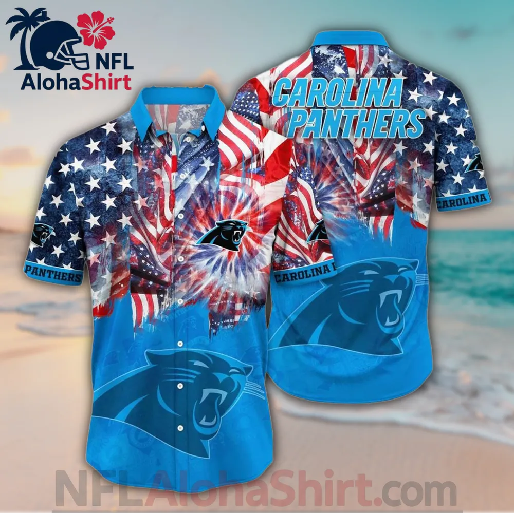 Carolina Panthers red and blue fireworks-themed Hawaiian shirt with American flag pattern