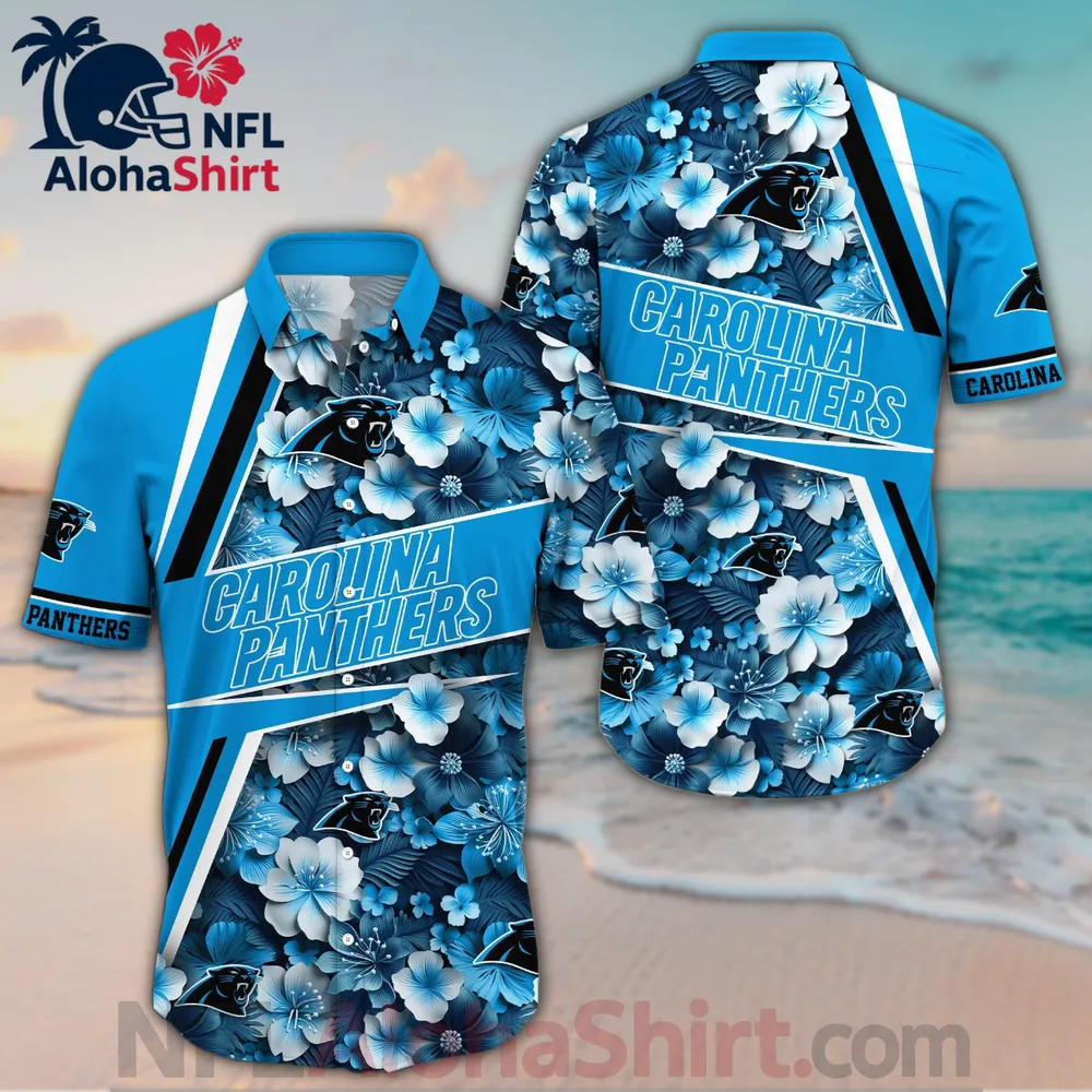 Carolina Panthers light blue navy floral Hawaiian shirt with tropical hibiscus print