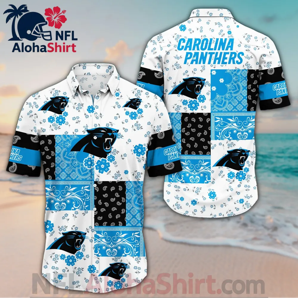Carolina Panthers white and blue patchwork floral Hawaiian shirt with paisley design