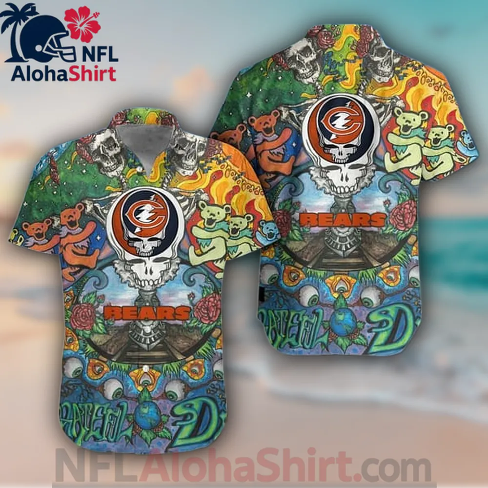 Chicago Bears multicolor psychedelic Hawaiian shirt with dancing bears and skull graphic