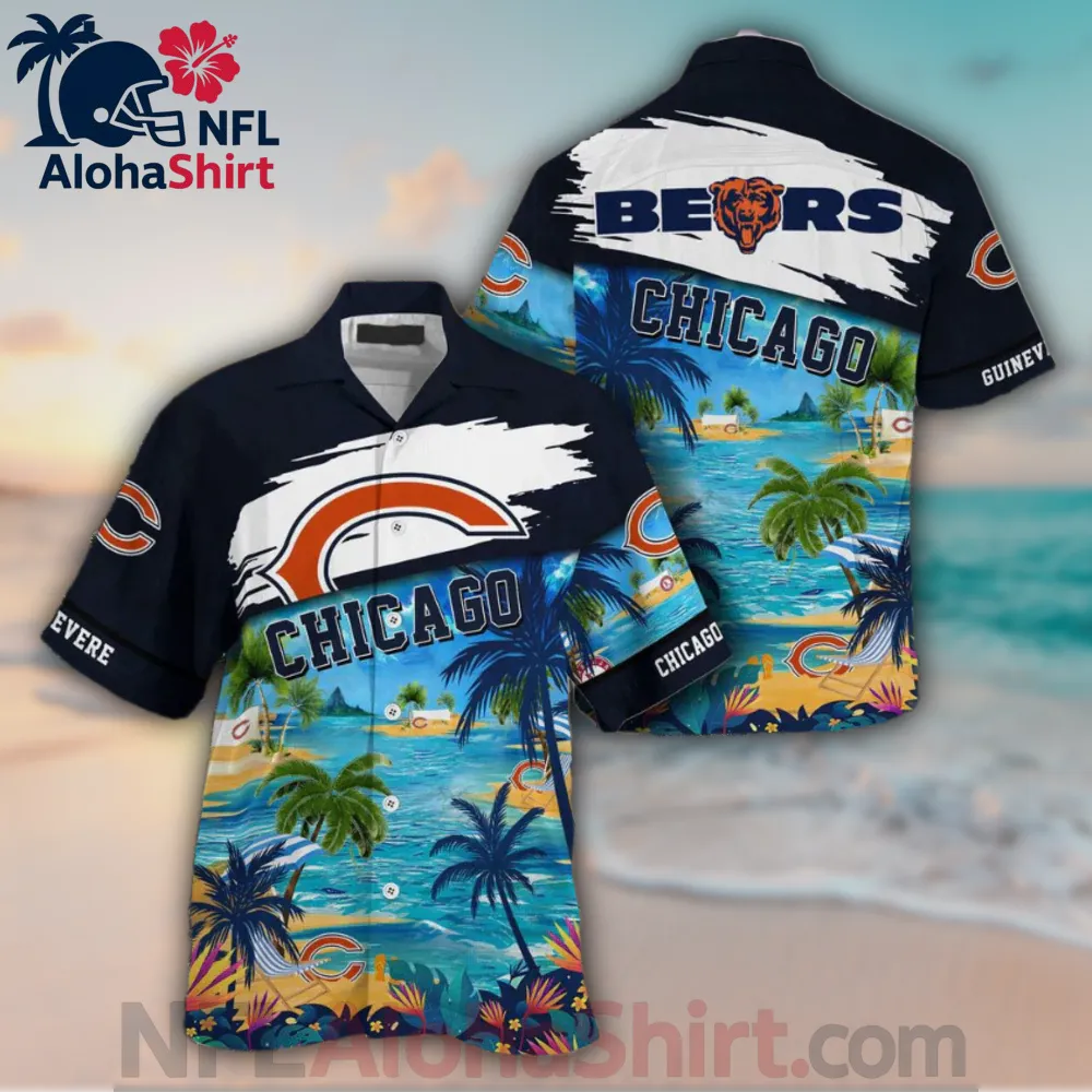 Chicago Bears navy and white Hawaiian shirt with tropical beach landscape and palm trees