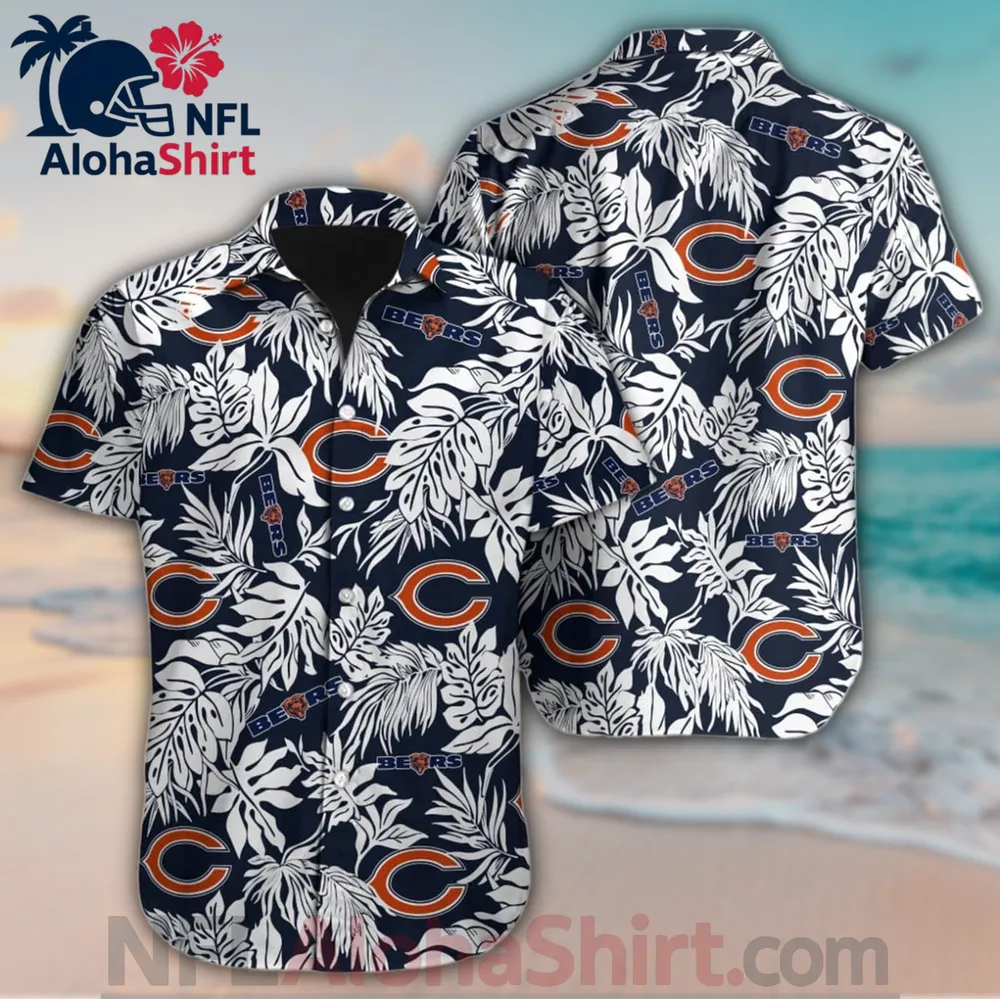 Chicago Bears navy and white tropical leaf Hawaiian shirt with bold team logos