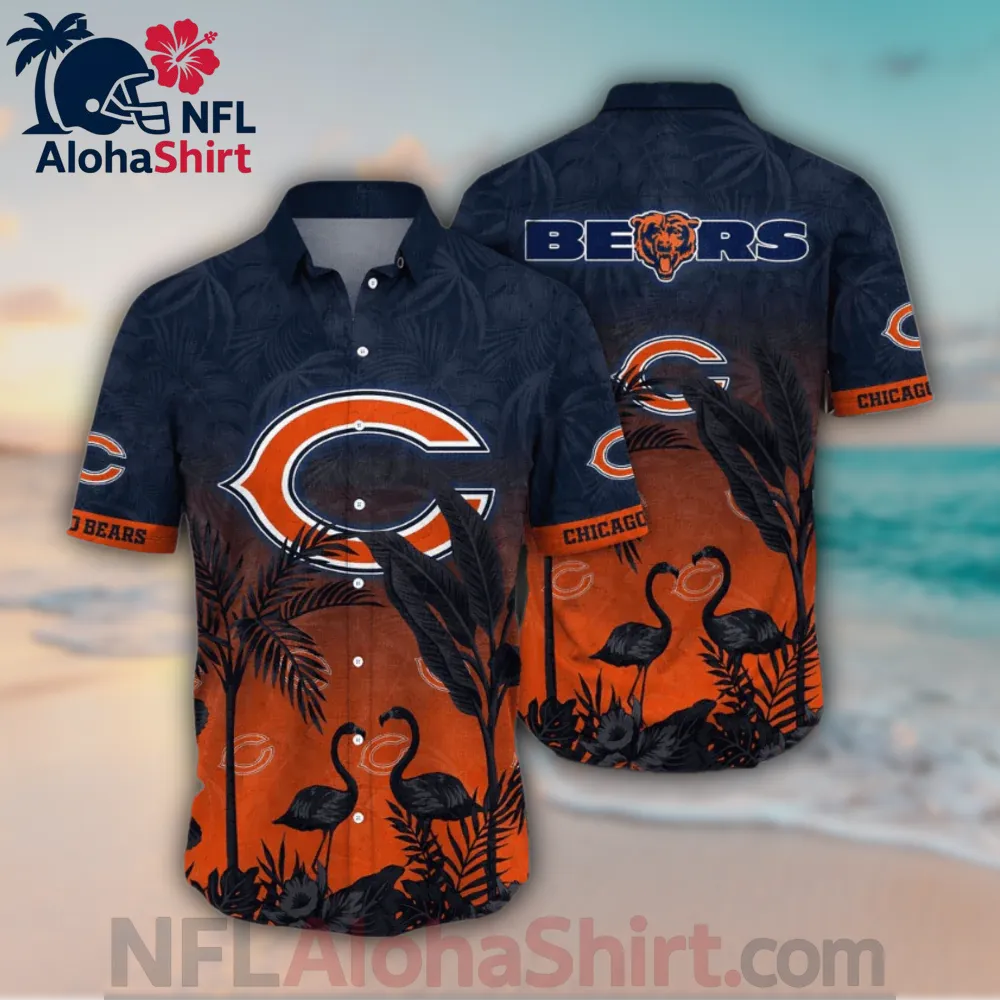 Chicago Bears orange and navy Hawaiian shirt with flamingo and tropical design