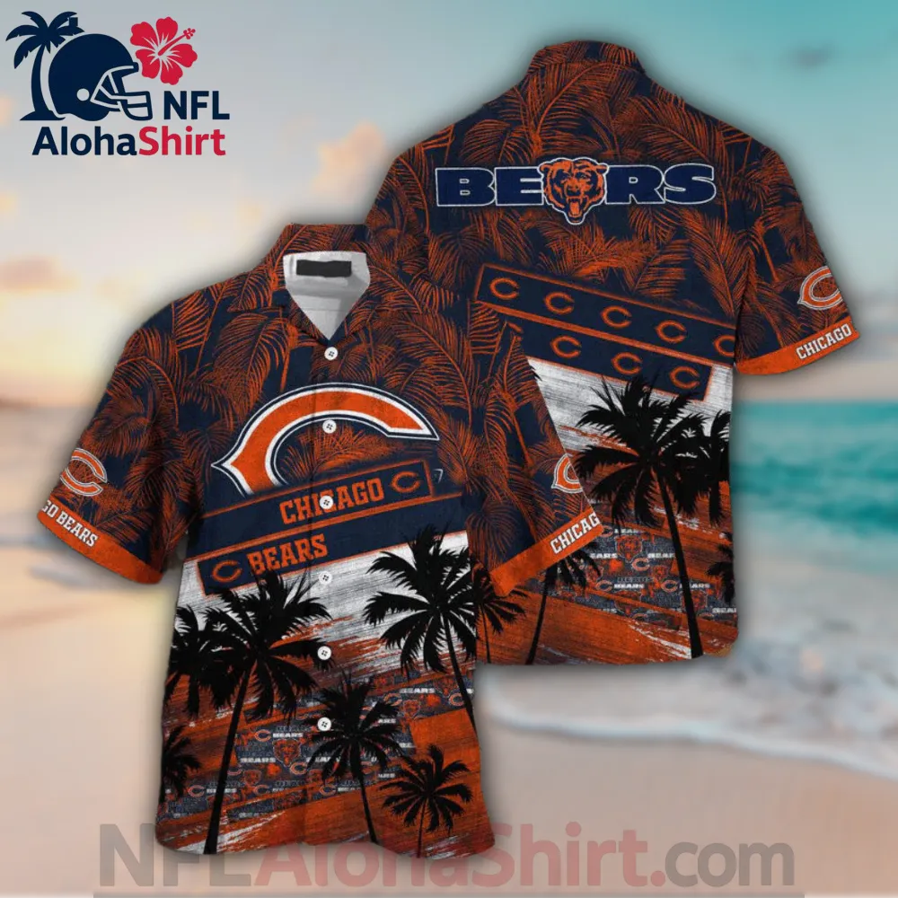 Chicago Bears orange and navy Hawaiian shirt with palm tree silhouette and sunset design