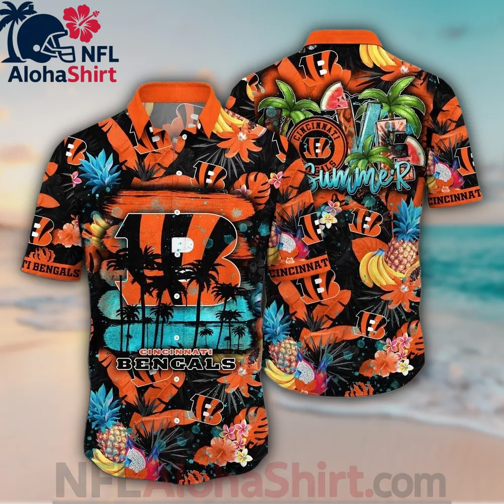 Cincinnati Bengals Hawaiian Shirt with Tropical Fruit and Floral Design