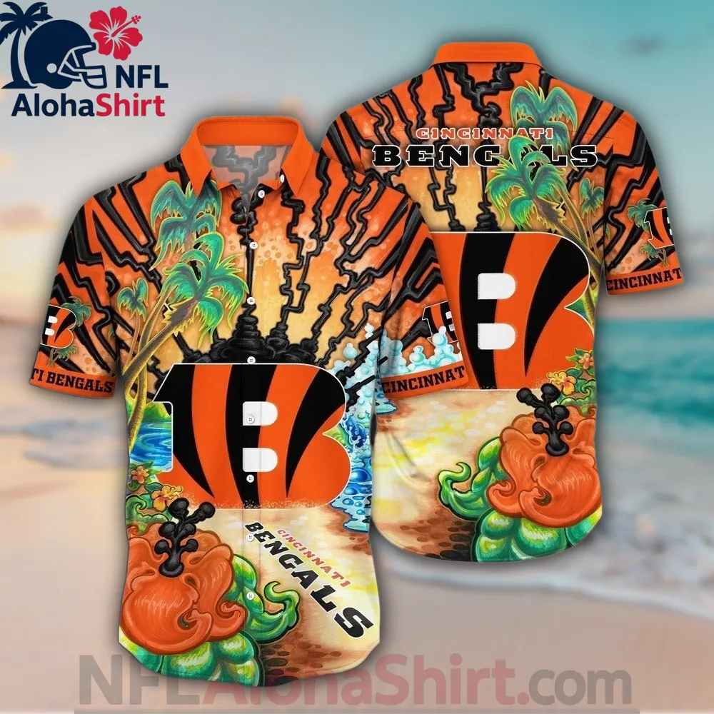 Cincinnati Bengals Hawaiian Shirt with bold tribal patterns and tropical beach background