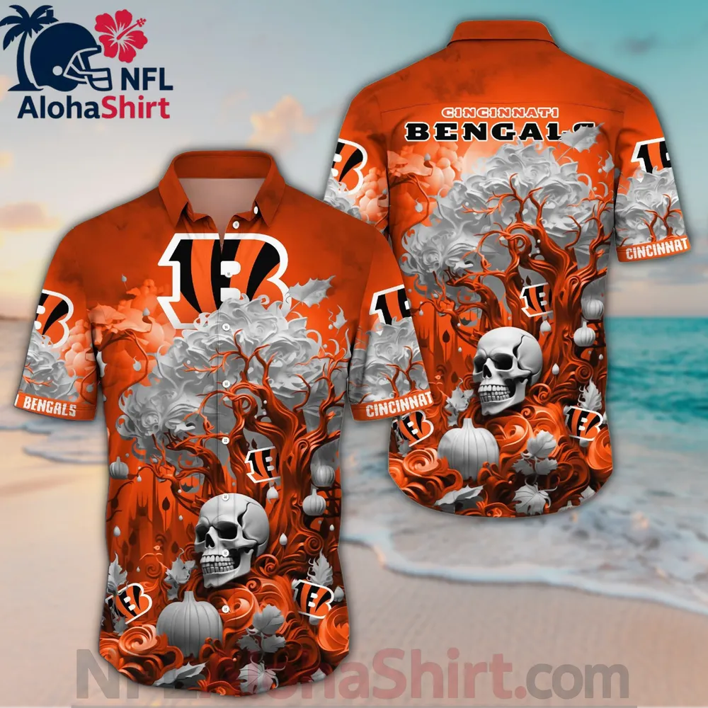 Cincinnati Bengals Halloween Shirt with skulls, pumpkins, and eerie orange forest design