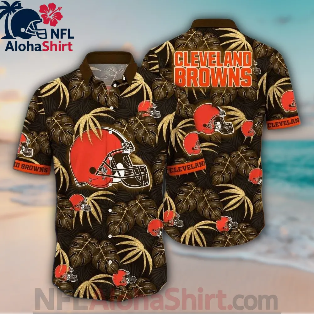 Cleveland Browns Hawaiian Shirt with dark brown background, orange helmet, and golden palm tree graphics