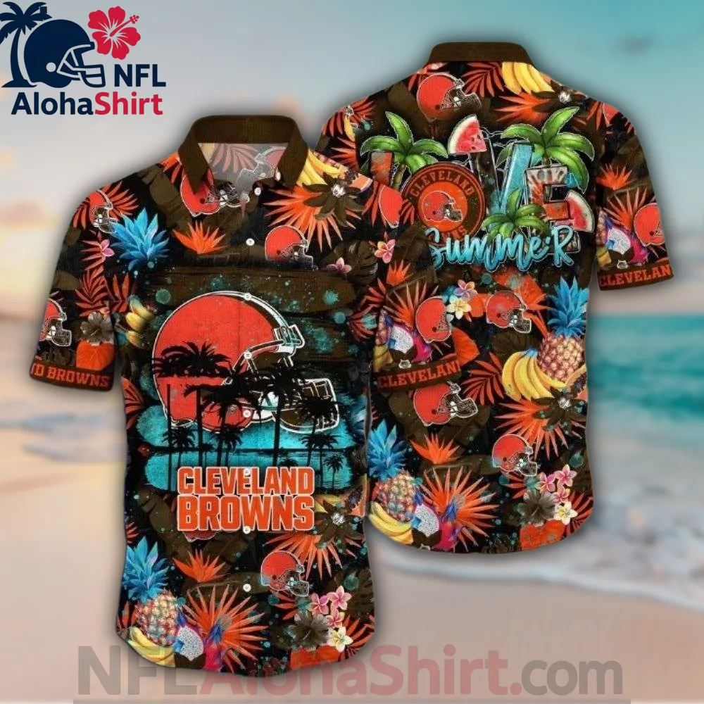 Cleveland Browns tropical Hawaiian shirt with multicolor floral background, orange helmet, and “Love Summer” text