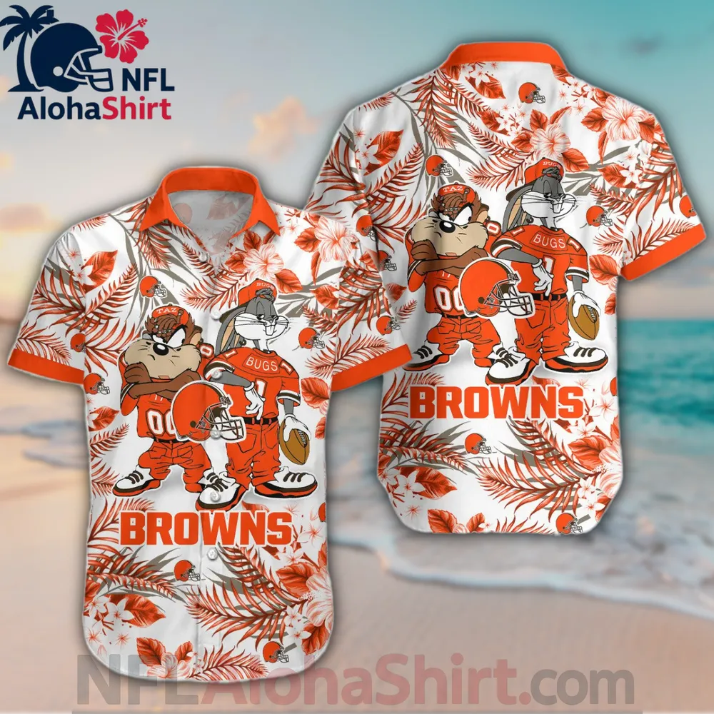 Cleveland Browns cartoon Hawaiian shirt featuring Bugs Bunny and Taz in NFL uniforms, with orange and white floral tropical background