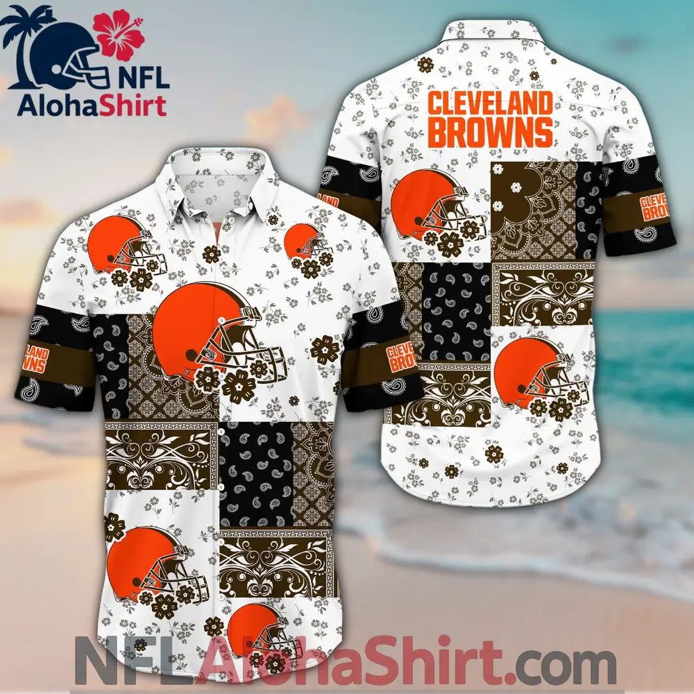 Cleveland Browns Hawaiian Shirt with White Brown Floral Patchwork Design