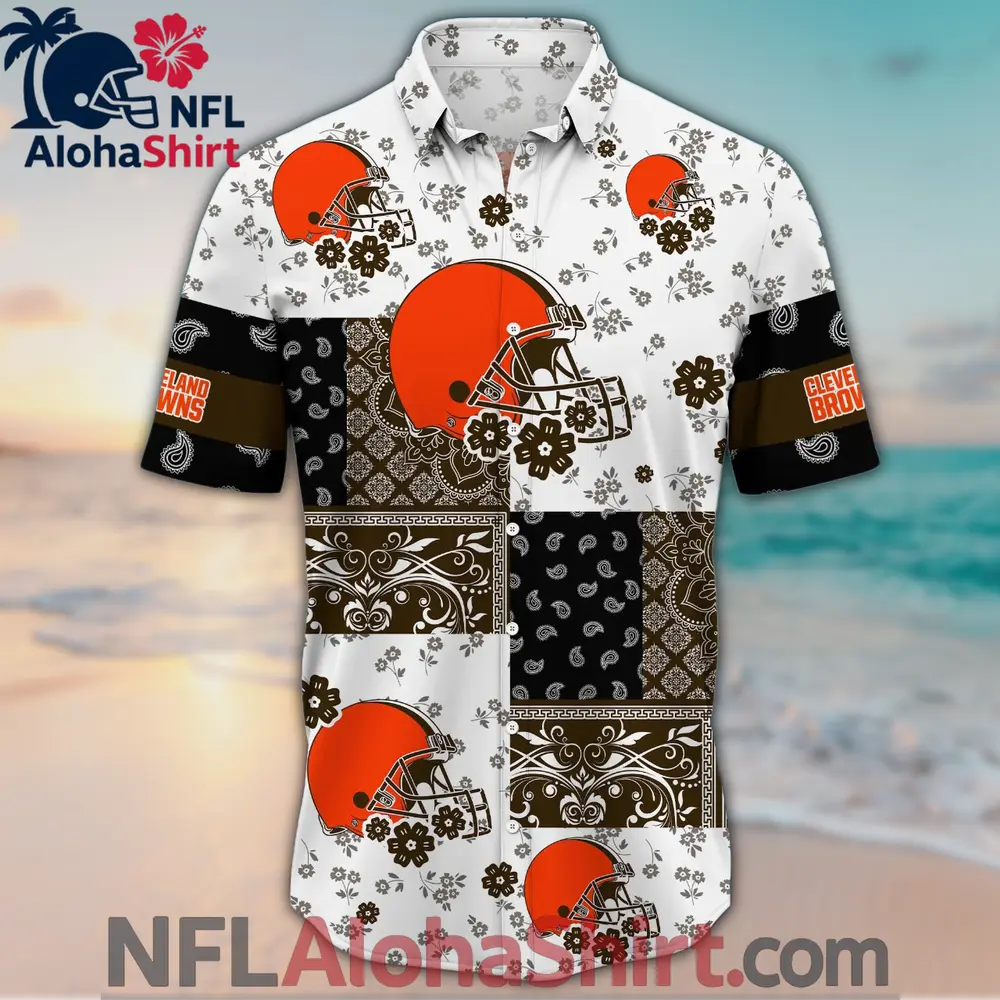 Cleveland Browns Hawaiian Shirt with White Brown Floral Patchwork Design
