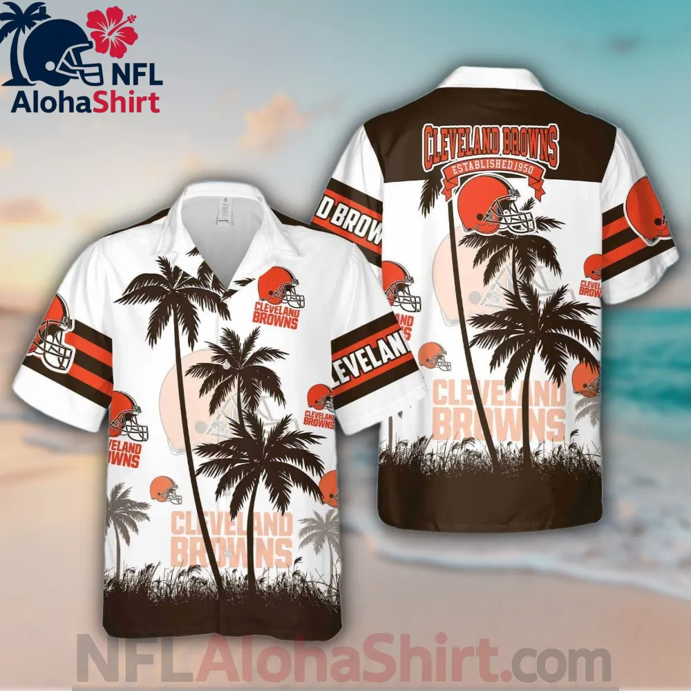 Cleveland Browns White Brown Tropical Hawaiian Shirt with palm trees and NFL helmet design