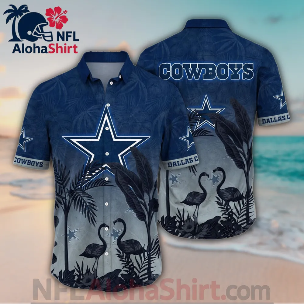Dallas Cowboys navy and grey Hawaiian shirt with flamingo and tropical palm design