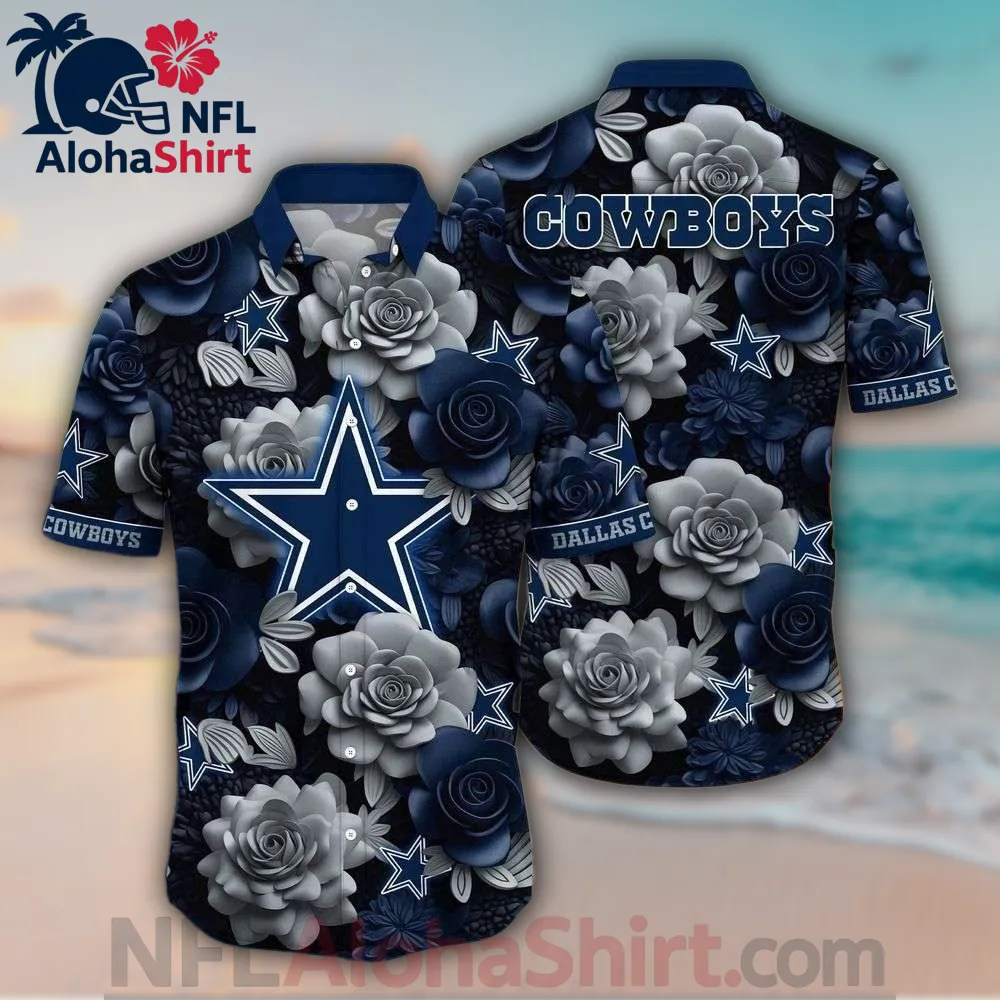 Dallas Cowboys navy and grey floral Hawaiian shirt with rose pattern and Cowboys stars