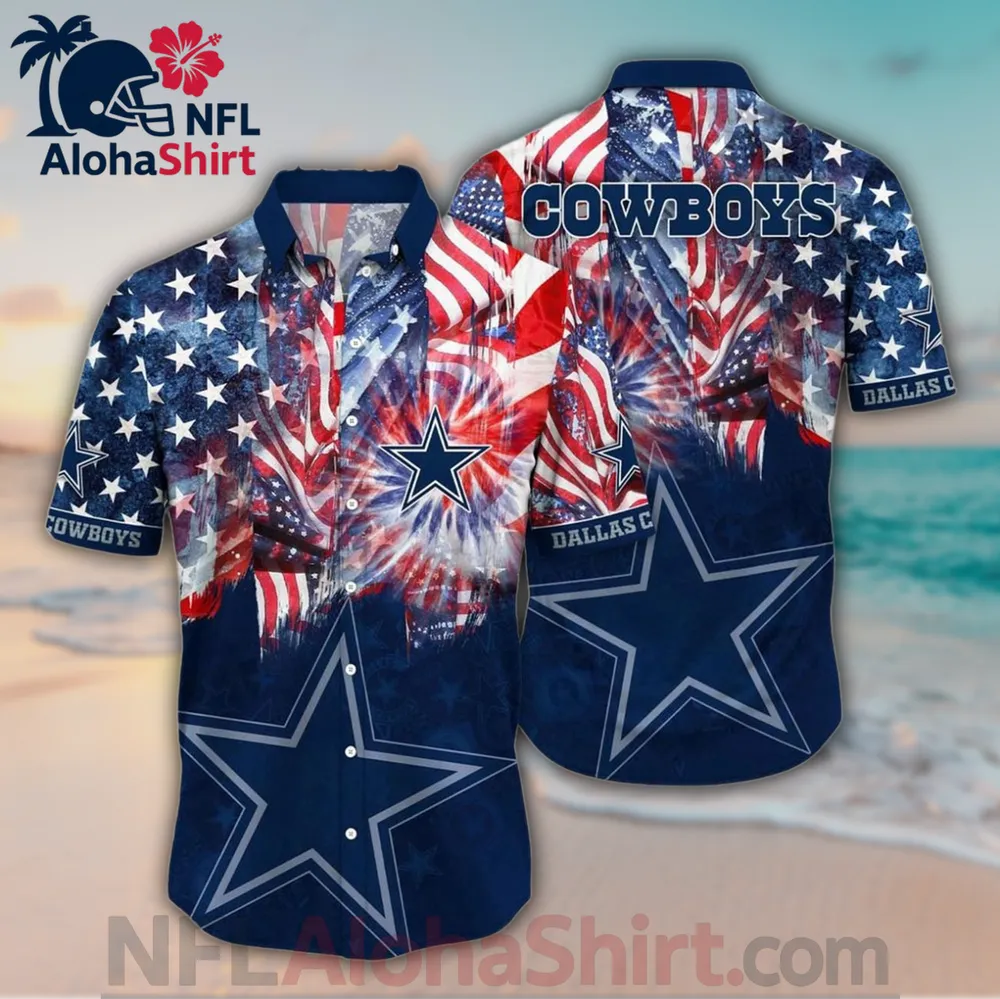 Dallas Cowboys navy and red Hawaiian shirt with American flag and fireworks design