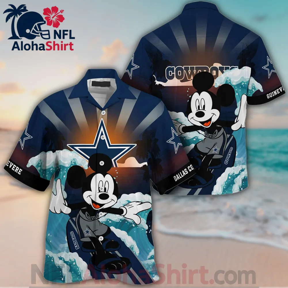 Dallas Cowboys navy and orange Hawaiian shirt featuring Mickey Mouse surfing under a sunset sky