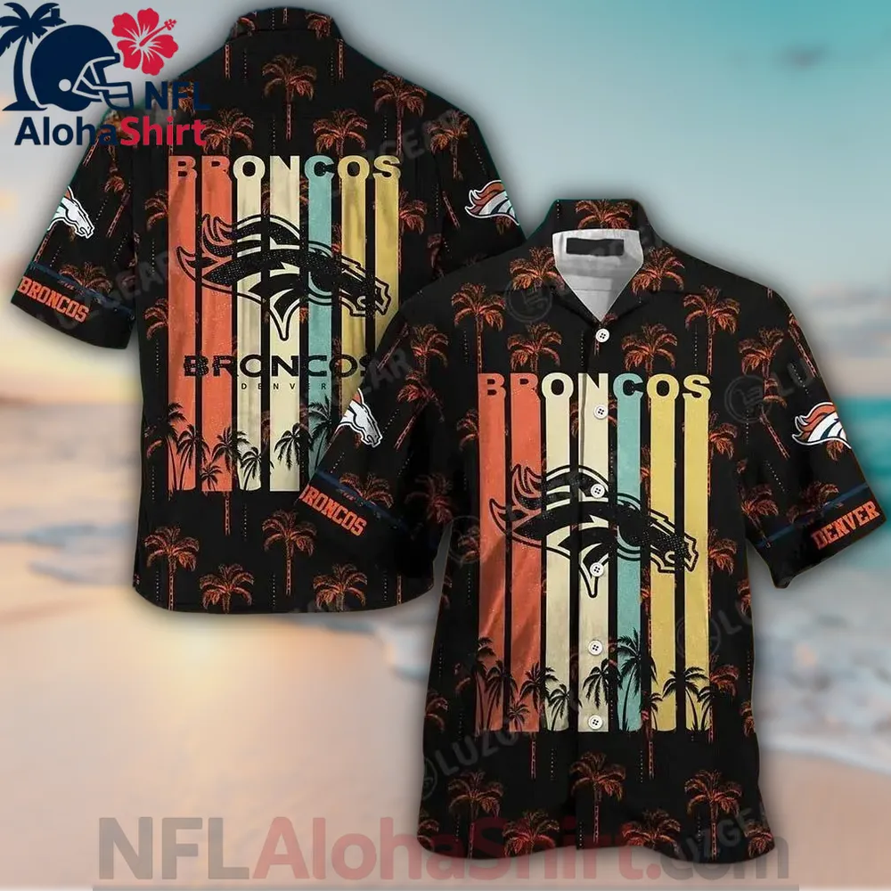Denver Broncos Hawaiian shirt with black base, retro orange stripe, and palm trees