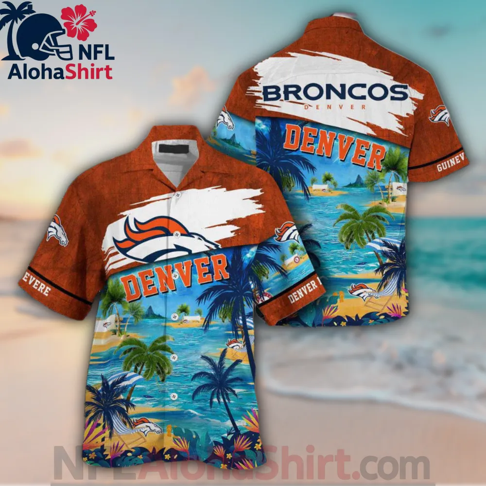 Denver Broncos Hawaiian shirt with brown chest panel, tropical beach scene, and ocean blue palm print