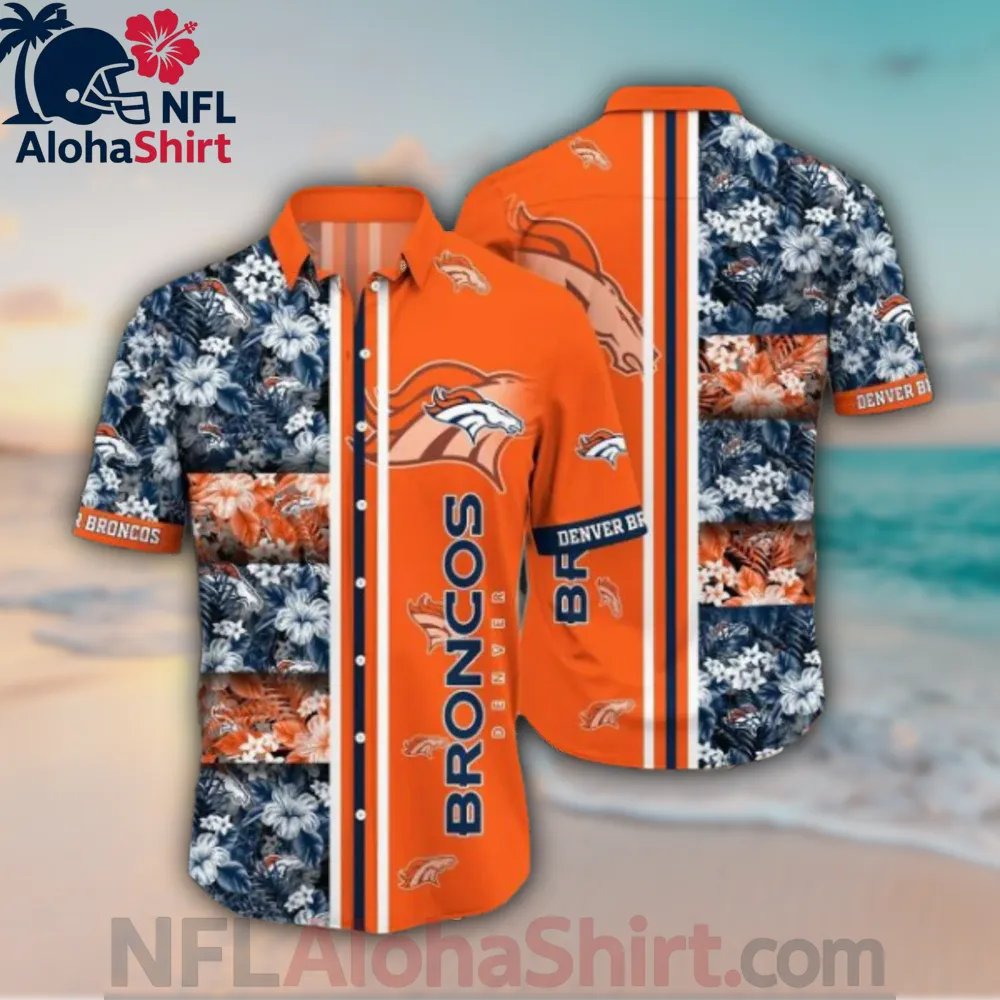Denver Broncos Hawaiian Shirt in orange and navy with floral patchwork design and team logo