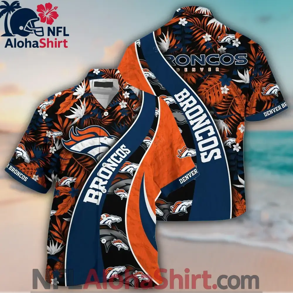 Denver Broncos Hawaiian Shirt with Orange and Navy Tropical Leaf Design
