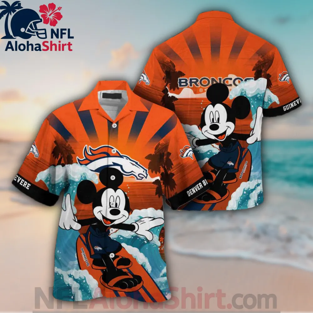 Denver Broncos Hawaiian shirt with surfing cartoon mouse and orange teal ocean design