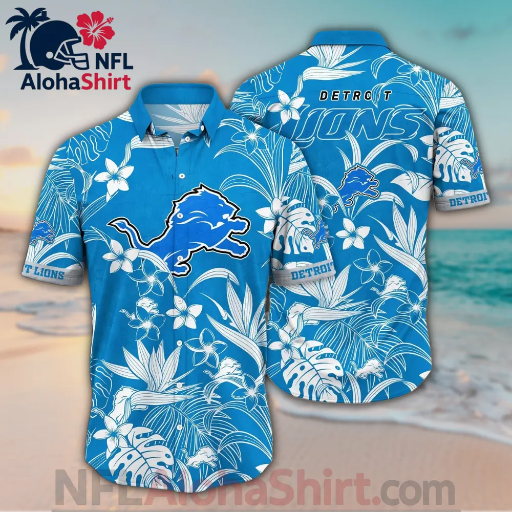 Detroit Lions aqua and white floral Hawaiian shirt with tropical plumeria and large team logo