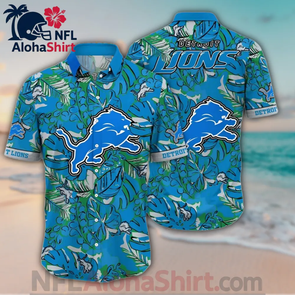 Detroit Lions blue green Hawaiian shirt with tropical leaf pattern and team logos