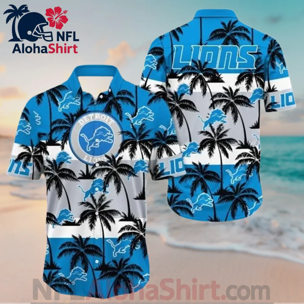 Detroit Lions blue and grey striped Hawaiian shirt with palm trees and team logos