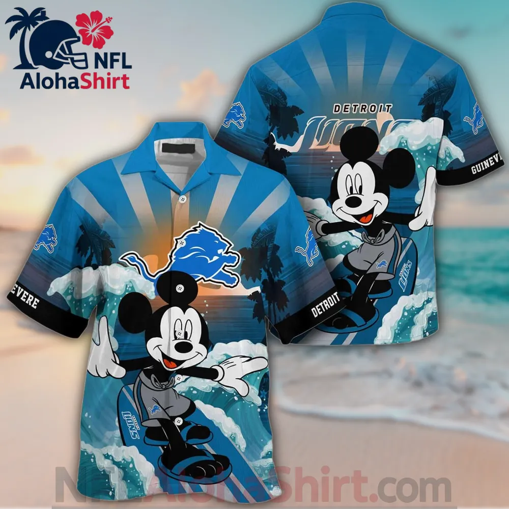 Detroit Lions blue and sunset Hawaiian shirt with Mickey Mouse surfing in Lions gear